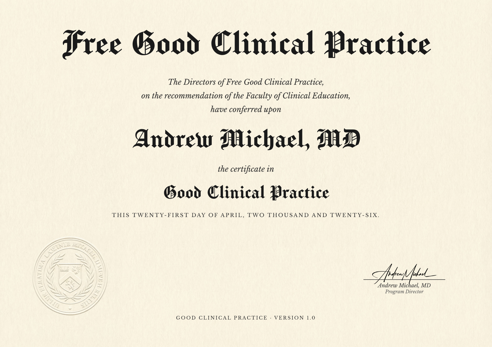 Good Clinical Practice certificate for Andrew Michael, MD