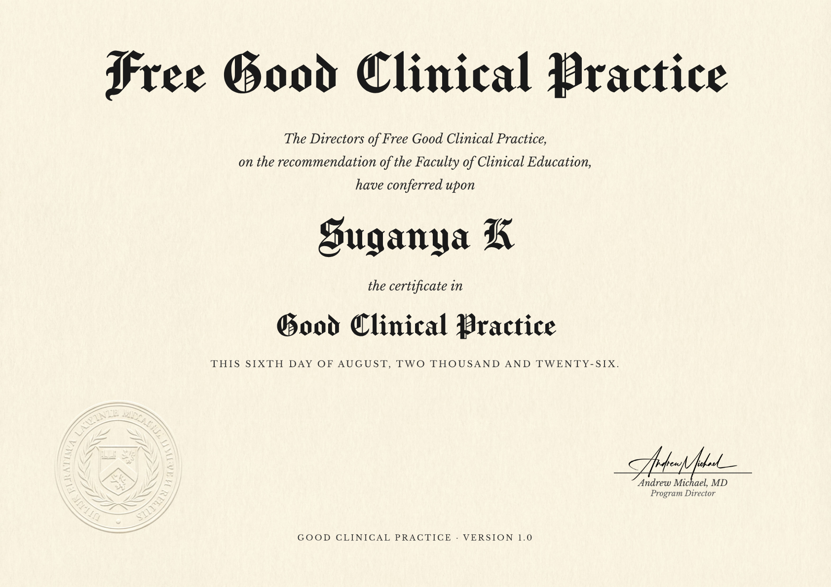 Good Clinical Practice certificate for Suganya K