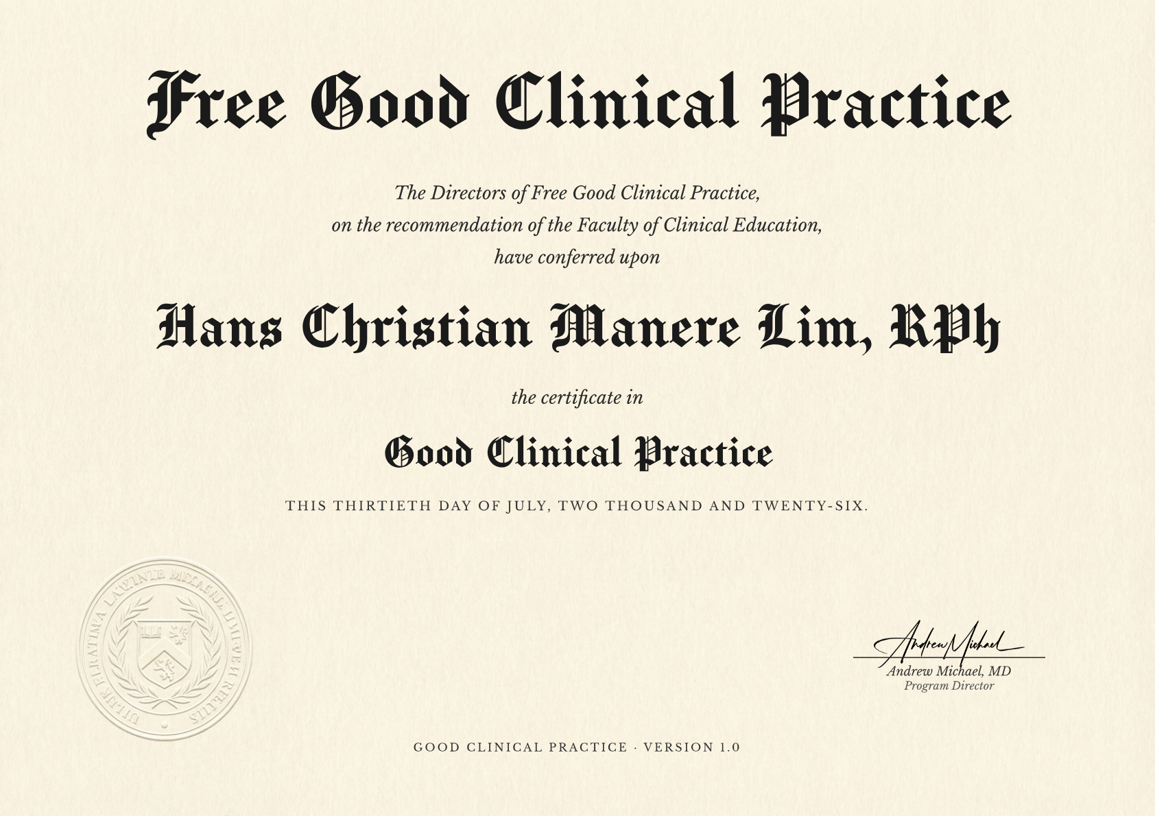 Good Clinical Practice certificate for Hans Christian Manere Lim, RPh