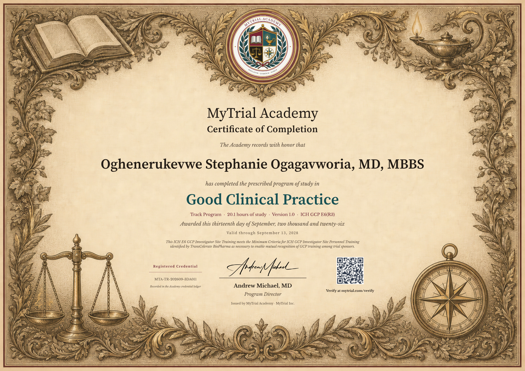 Good Clinical Practice certificate for Oghenerukevwe Stephanie Ogagavworia, MD, MBBS
