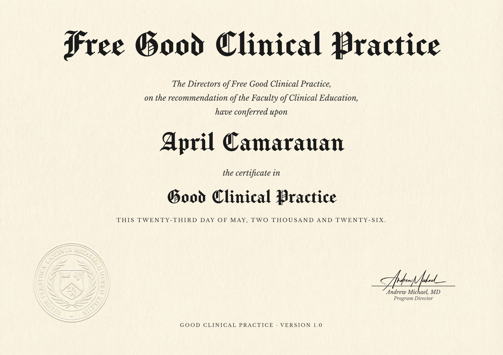 Good Clinical Practice certificate for April Camarauan