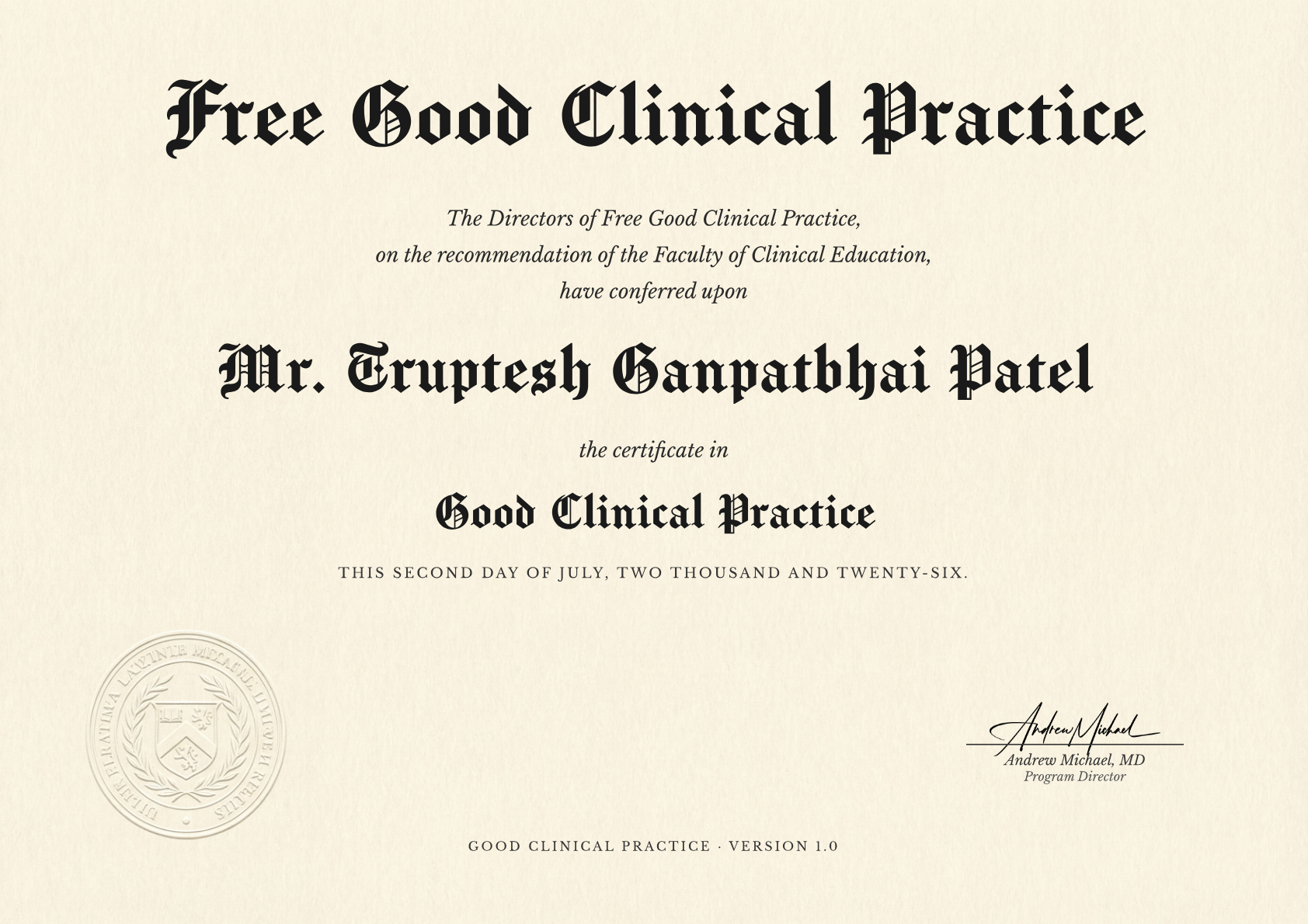 Good Clinical Practice certificate for Mr. Truptesh Ganpatbhai Patel