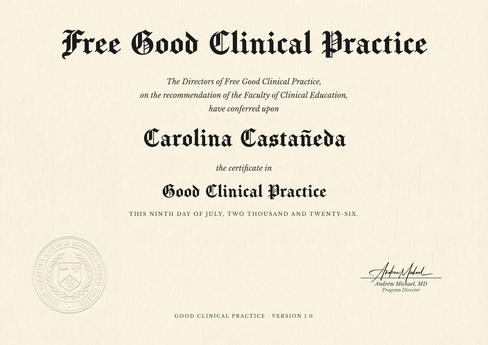 Good Clinical Practice certificate for Carolina Castañeda