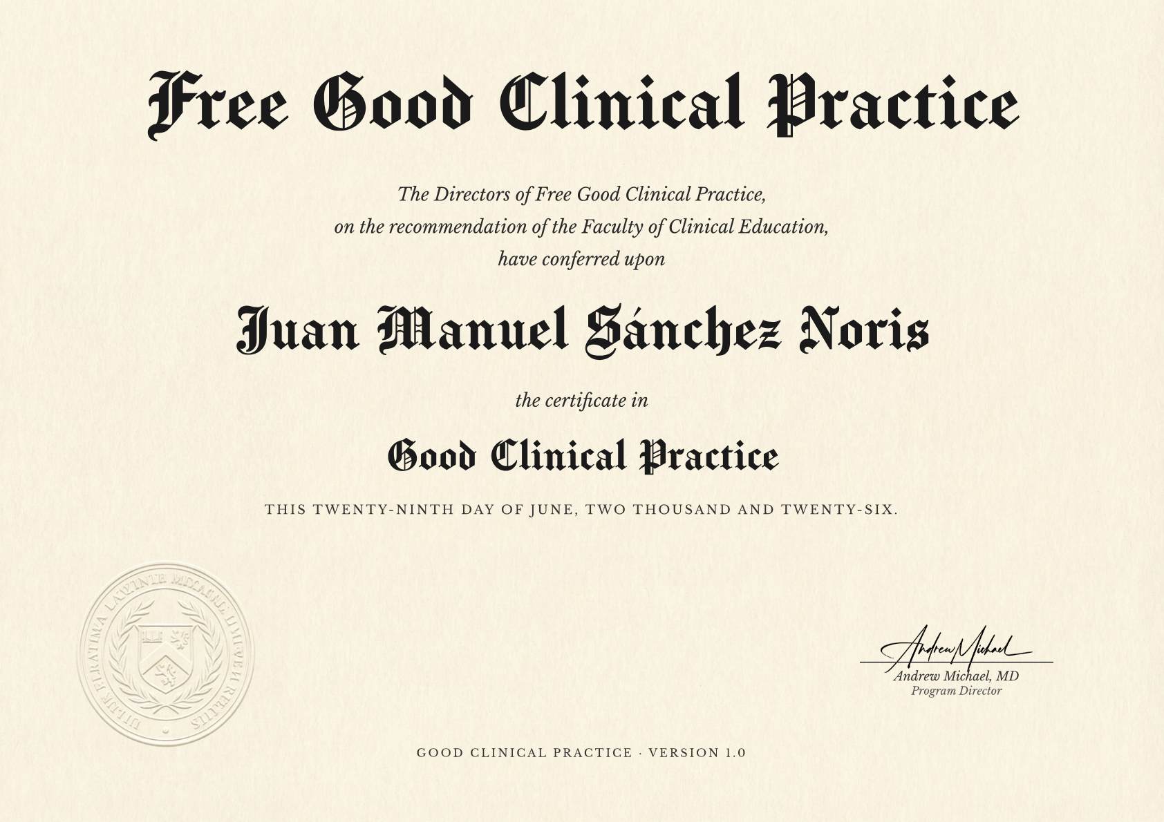 Good Clinical Practice certificate for Juan Manuel Sánchez Noris