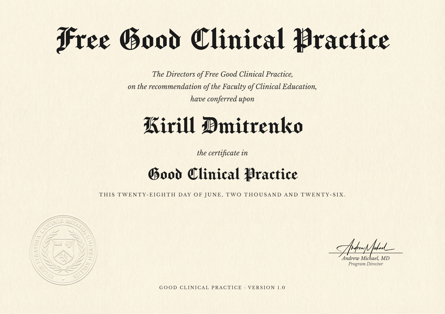Good Clinical Practice certificate for Kirill Dmitrenko