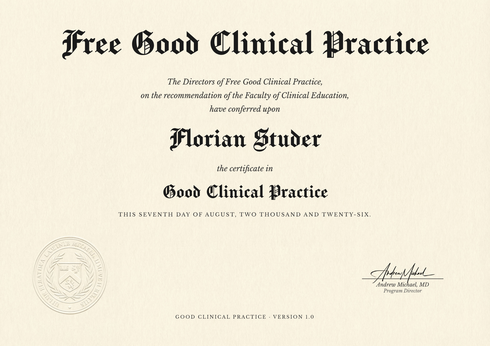 Good Clinical Practice certificate for Florian Studer