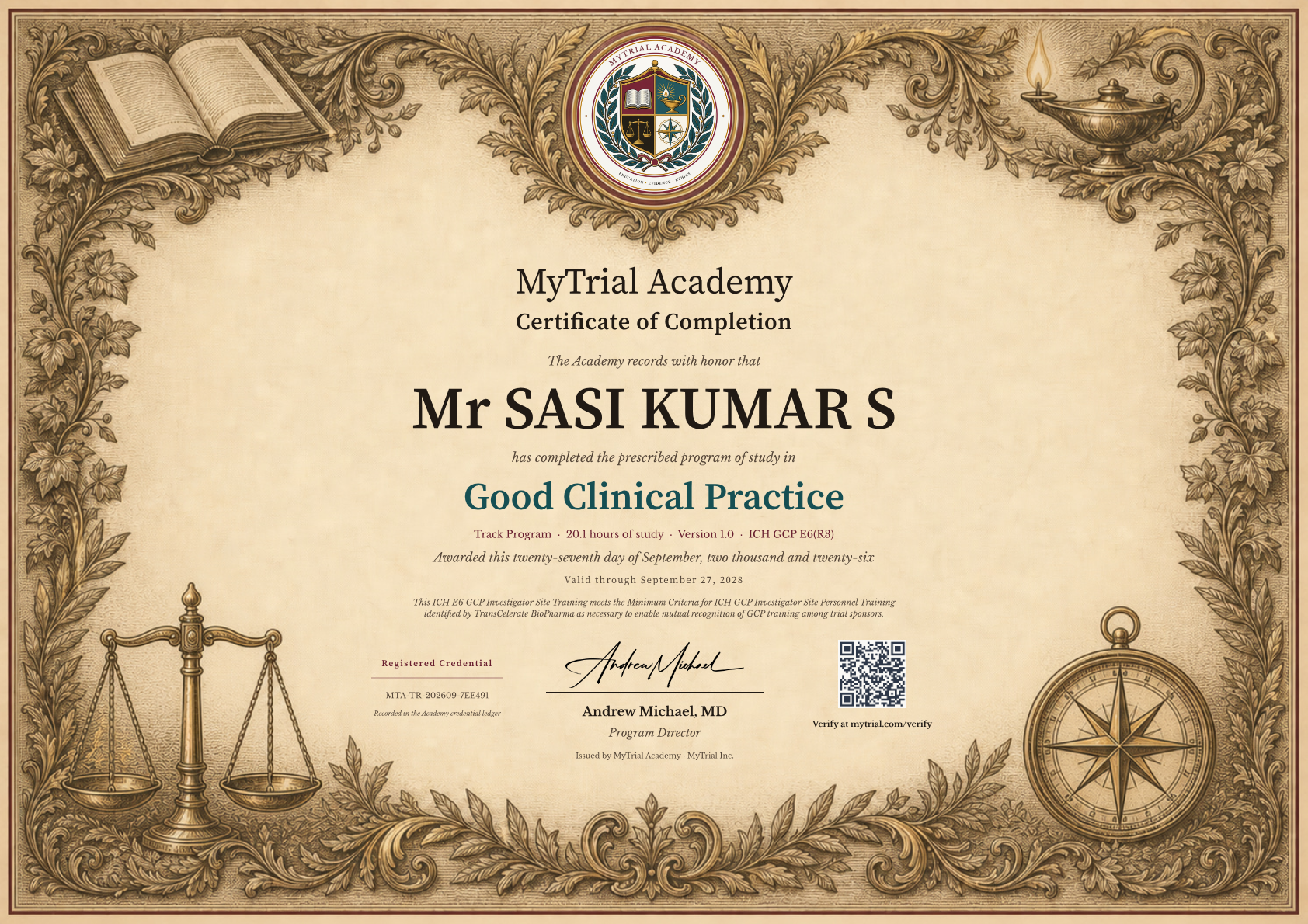 Good Clinical Practice certificate for Mr SASI KUMAR S