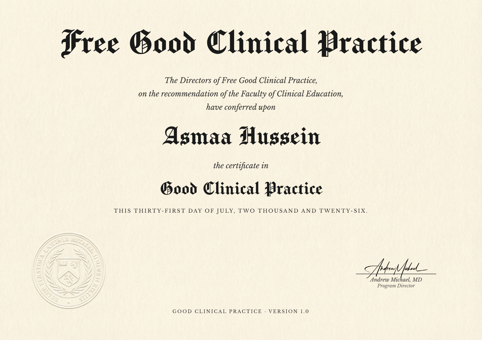Good Clinical Practice certificate for Asmaa Hussein