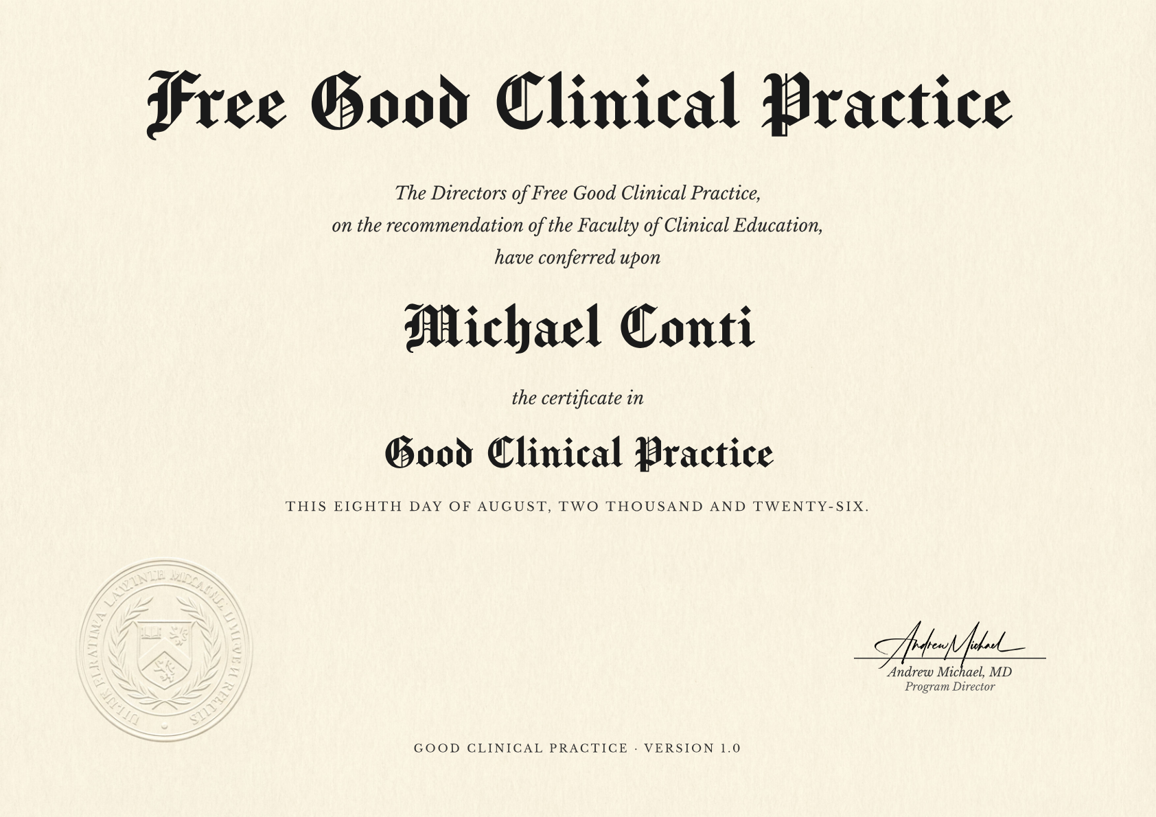 Good Clinical Practice certificate for Michael Conti