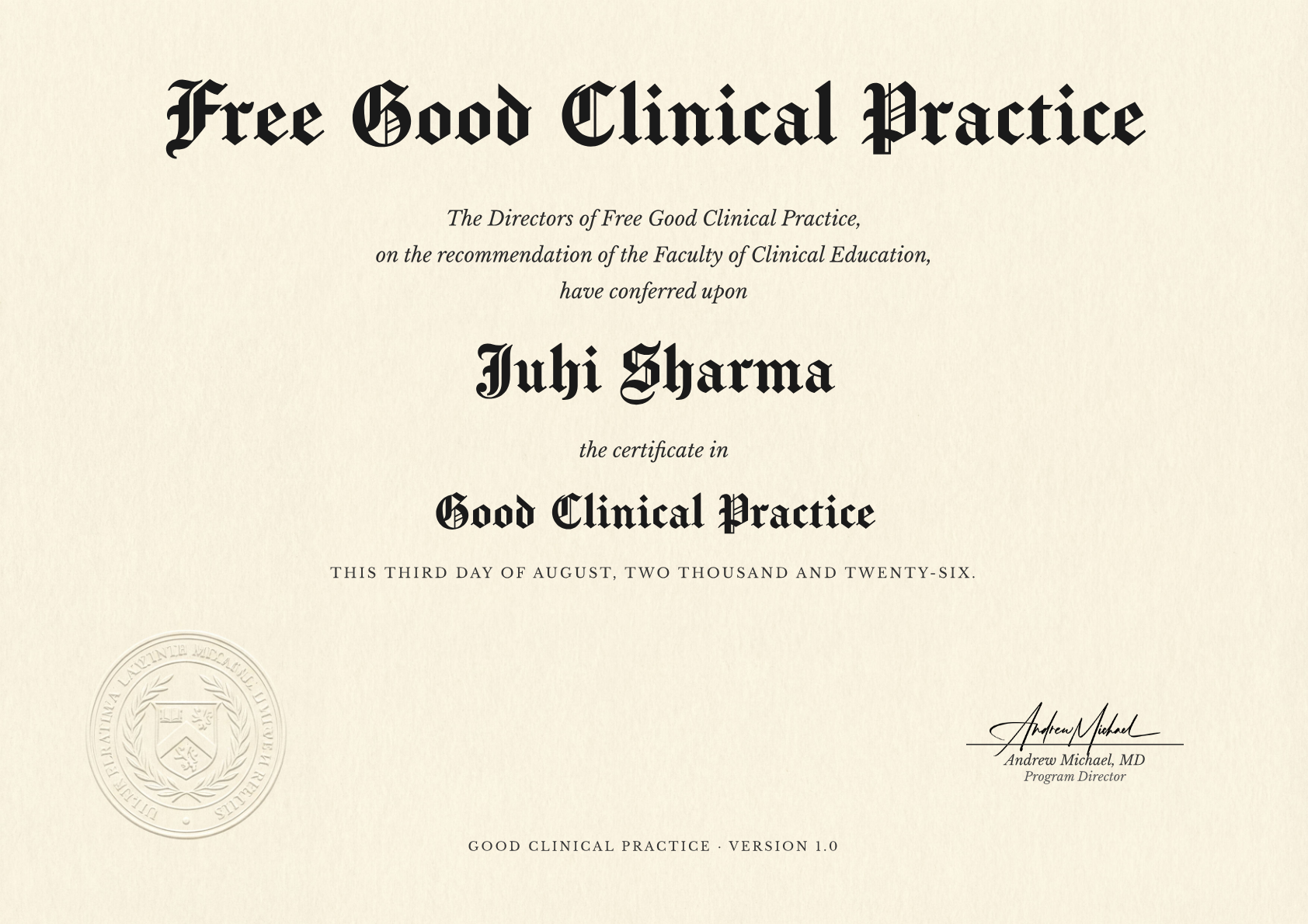 Good Clinical Practice certificate for Juhi Sharma