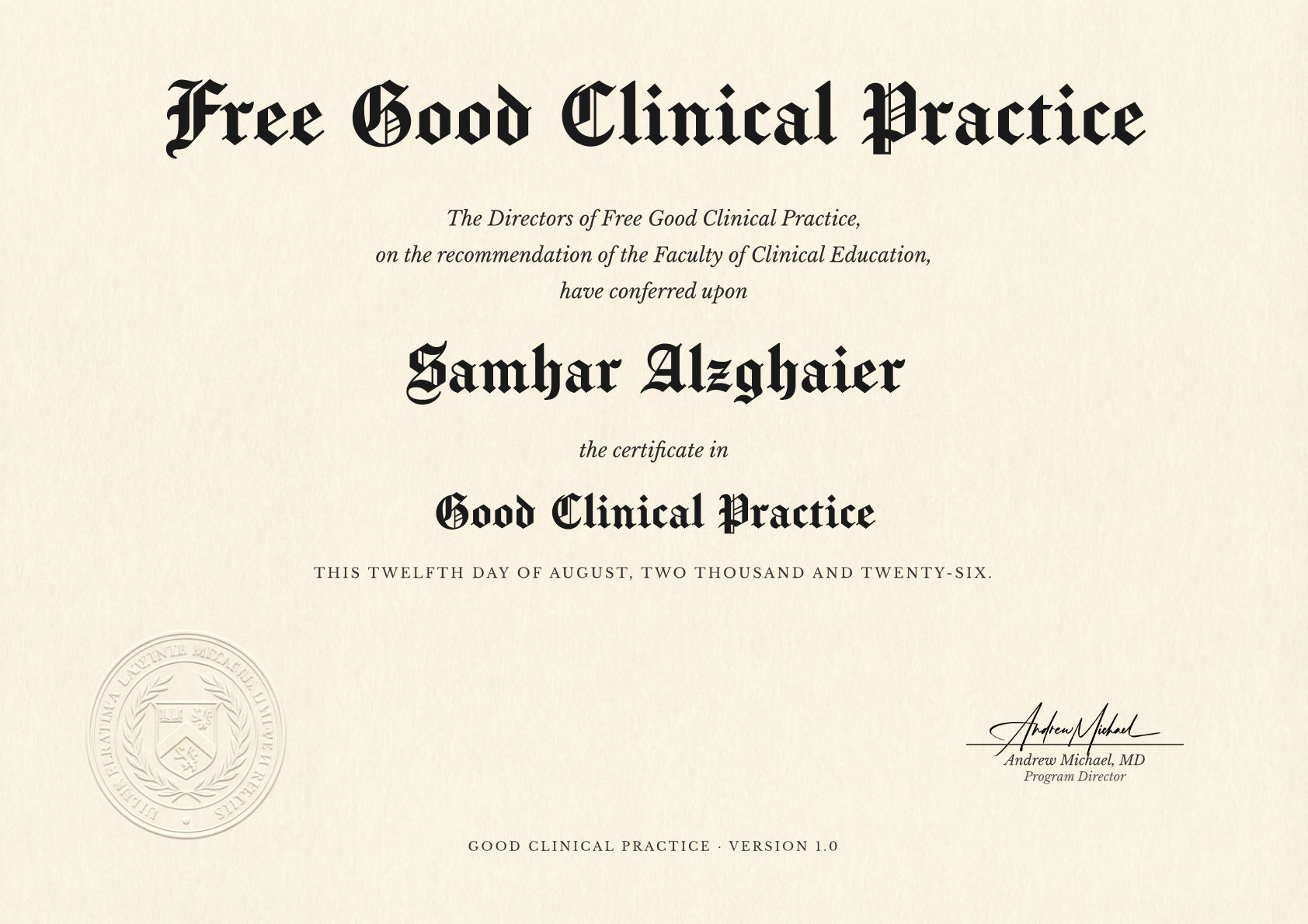 Good Clinical Practice certificate for Samhar Alzghaier