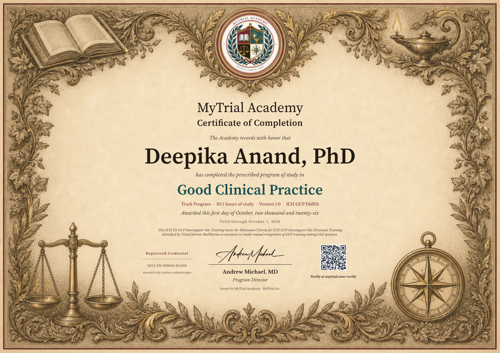 Good Clinical Practice certificate for Deepika Anand, PhD