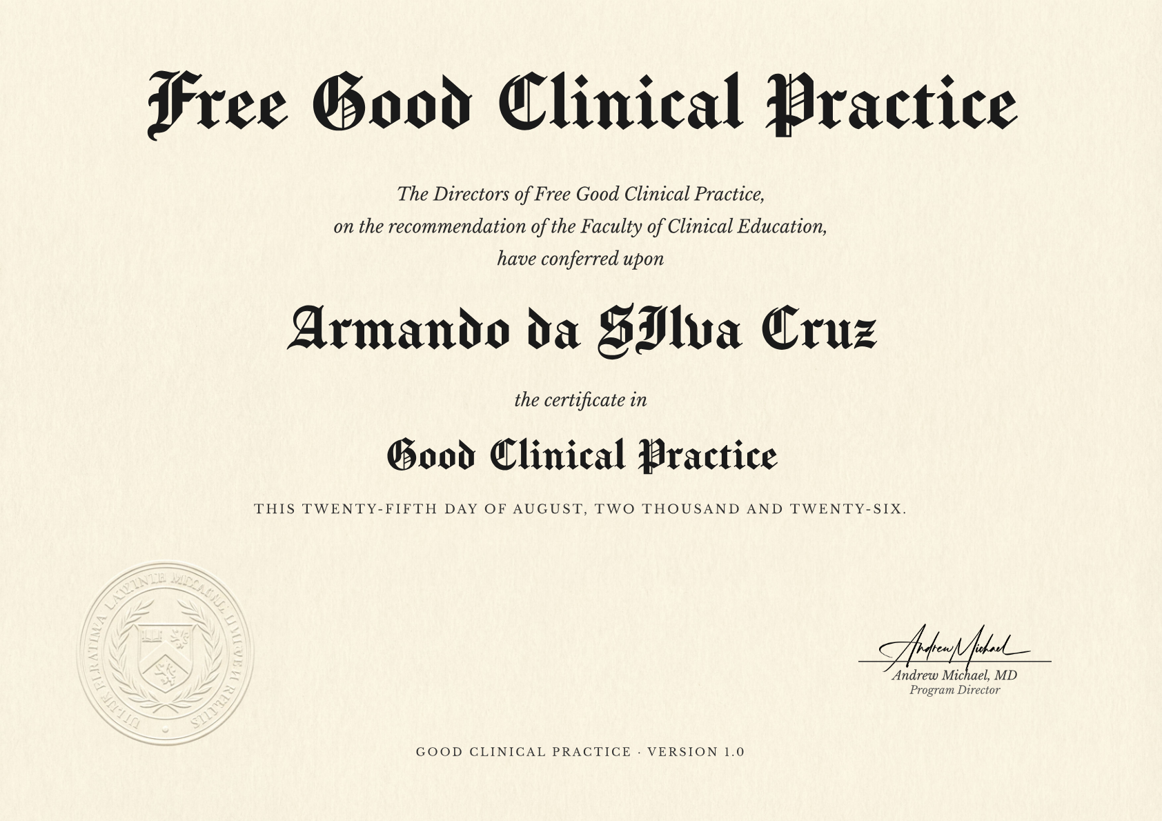 Good Clinical Practice certificate for Armando da SIlva Cruz