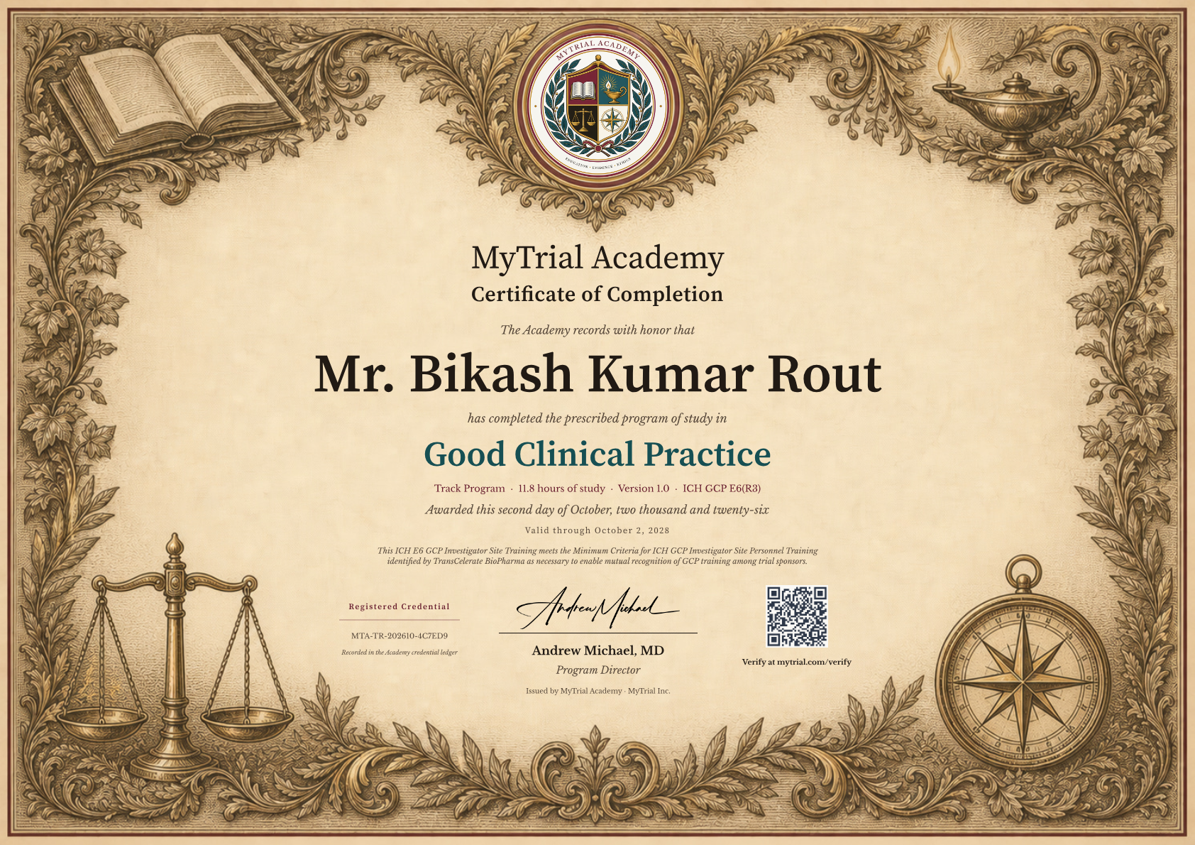 Good Clinical Practice certificate for Mr. Bikash Kumar Rout